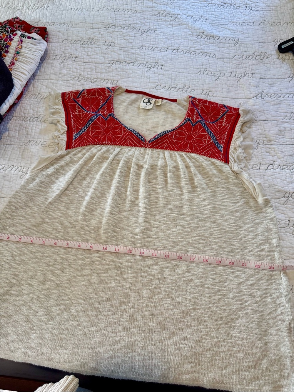 One September by Anthropologie Burnout Slub-knit Top w/ Red Embroidered Yoke - Picture 5 of 8